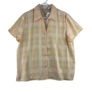 Vtg Deadstock Joanna Short Sleeve Button Up Blouse Women's XL Yellow Satin Plaid